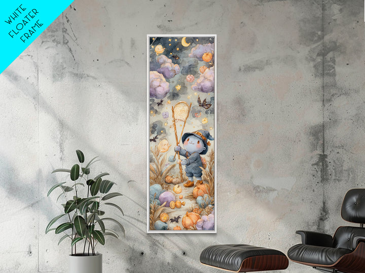 The Cloud-Catching Wizard, Watercolor Halloween Art, Tall Narrow Wall Art, Framed Canvas Print, Cute Halloween Wall Art