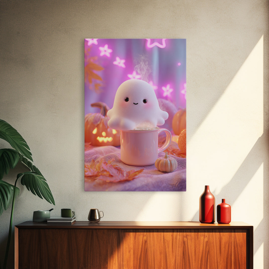 The Marshmallow Ghost, Vaporwave Halloween Decor, Vertical Wall Art, Framed Canvas Print, Retro Halloween Decor, Neon Wall Art