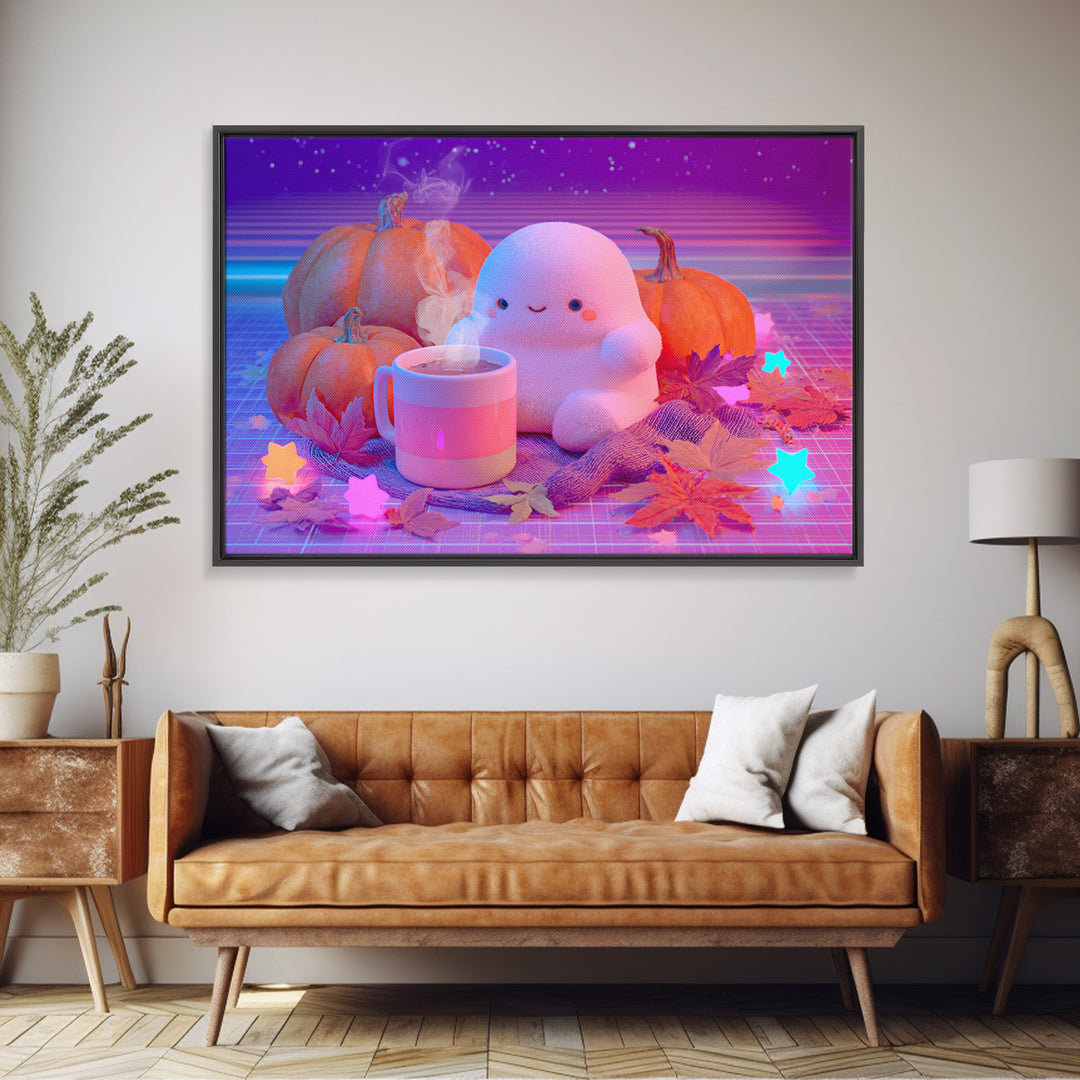 The Marshmallow Ghost, Cute Spooky Neon Art, Landscape Wall Art, Framed Canvas Print, Retro Halloween Decor, Neon Wall Art, Macabre Wall Art