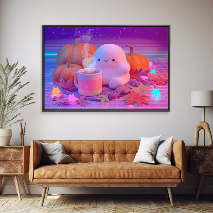 The Marshmallow Ghost, Cute Spooky Neon Art, Landscape Wall Art, Framed Canvas Print, Retro Halloween Decor, Neon Wall Art, Macabre Wall Art