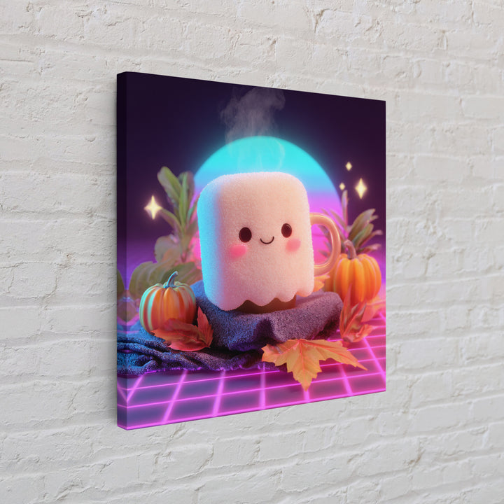The Marshmallow Ghost, Vaporwave Halloween Decor, Square Wall Art, Framed Canvas Print, Retro Halloween Decor, Neon Wall Art