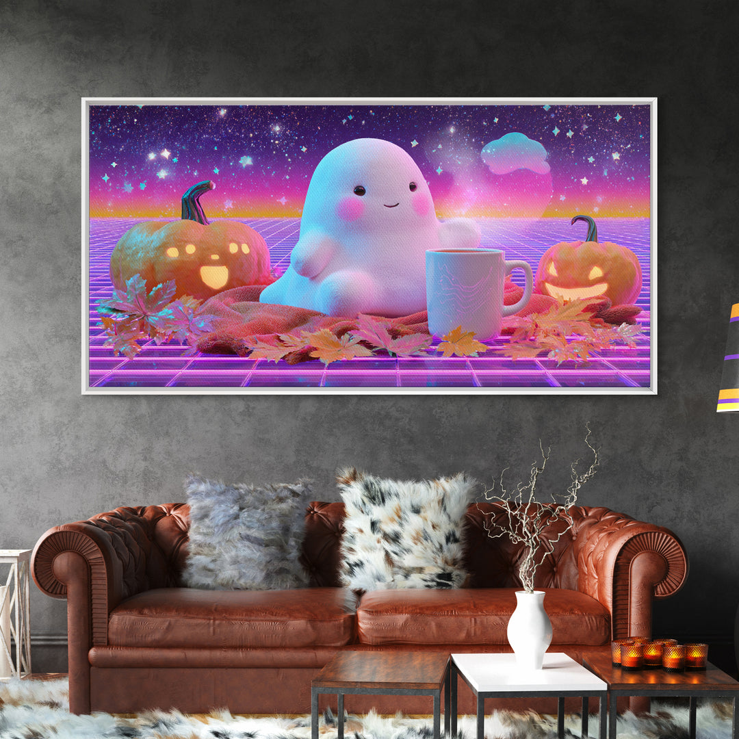 The Marshmallow Ghost, Cute Spooky Neon Art, Wide Panoramic Art, Canvas Print, Retro Halloween Decor, Neon Wall Art, Seasonal Home Decor
