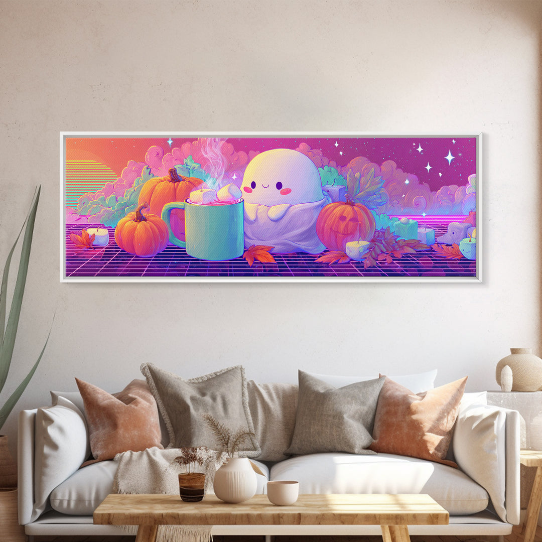 The Marshmallow Ghost, Retro Neon Halloween Art, Extra Wide Wall Art, Framed Canvas Print, Retro Halloween Decor, Neon Wall Art