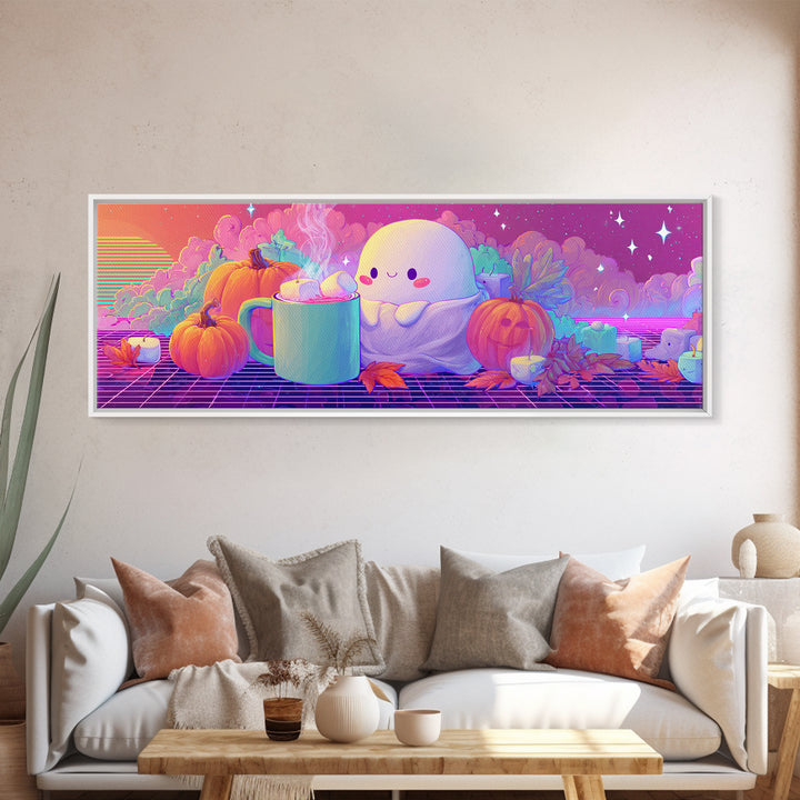 The Marshmallow Ghost, Retro Neon Halloween Art, Extra Wide Wall Art, Framed Canvas Print, Retro Halloween Decor, Neon Wall Art