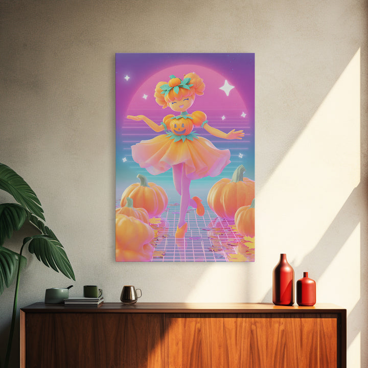 The Pumpkin Princess, Cute Spooky Neon Art, Vertical Wall Art, Framed Canvas Print, Retro Halloween Decor, Neon Wall Art, Dark Fantasy Art