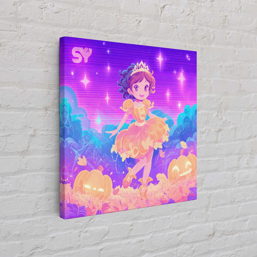 The Pumpkin Princess, Cute Spooky Neon Art, Square Wall Art, Canvas Print, Retro Halloween Decor, Neon Wall Art, Collectible Wall Decor