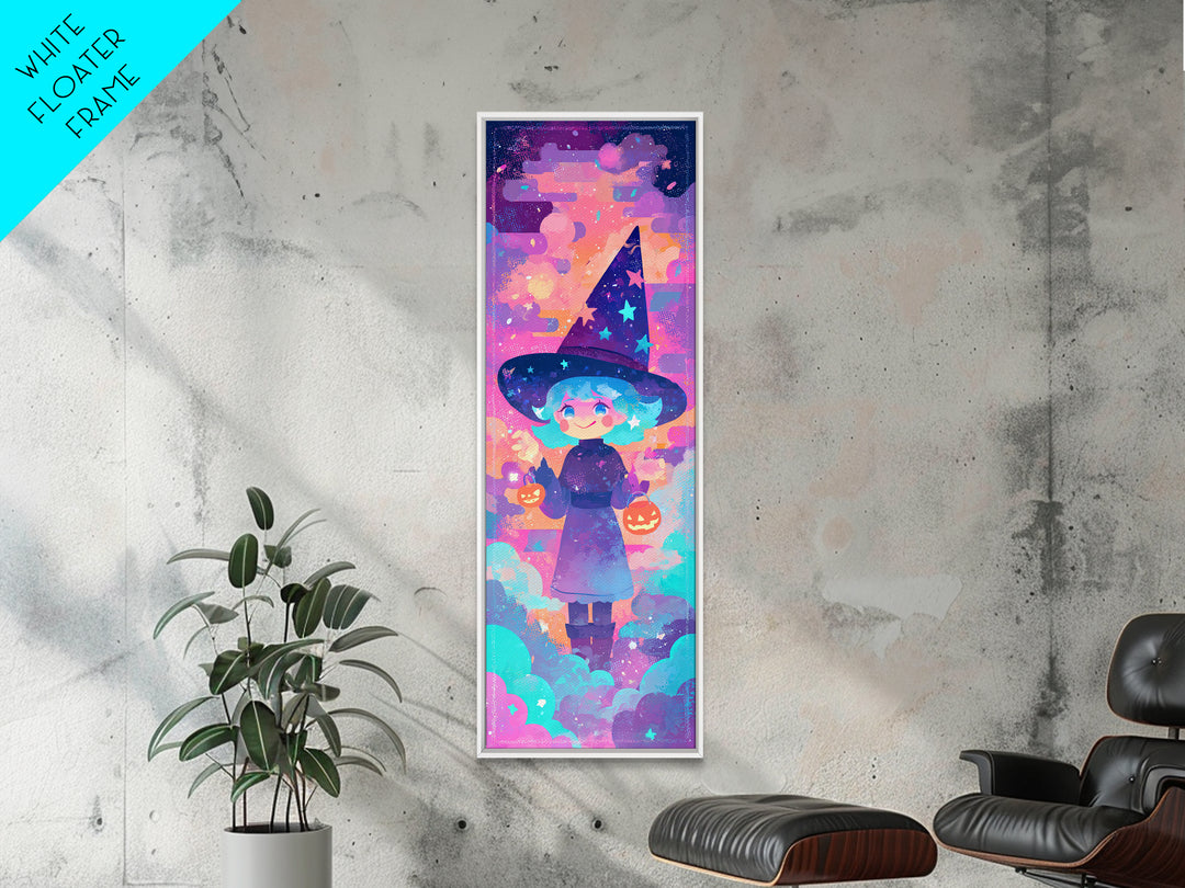 The Little Star Witch, Vaporwave Halloween Decor, Tall Narrow Wall Art, Framed Canvas Print, Retro Halloween Decor, Neon Wall Art