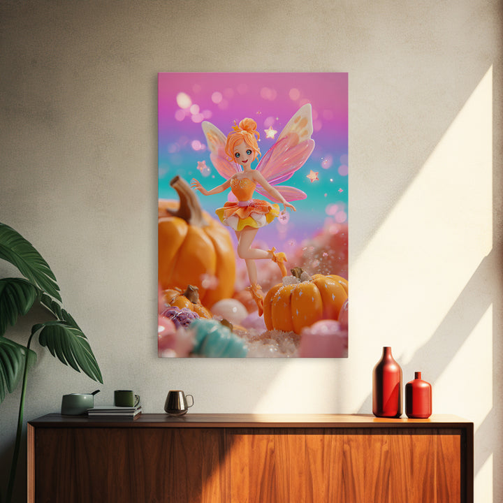 The Candy Corn Fairy, Retro Neon Halloween Art, Vertical Wall Art, Framed Canvas Print, Retro Halloween Decor, Neon Wall Art