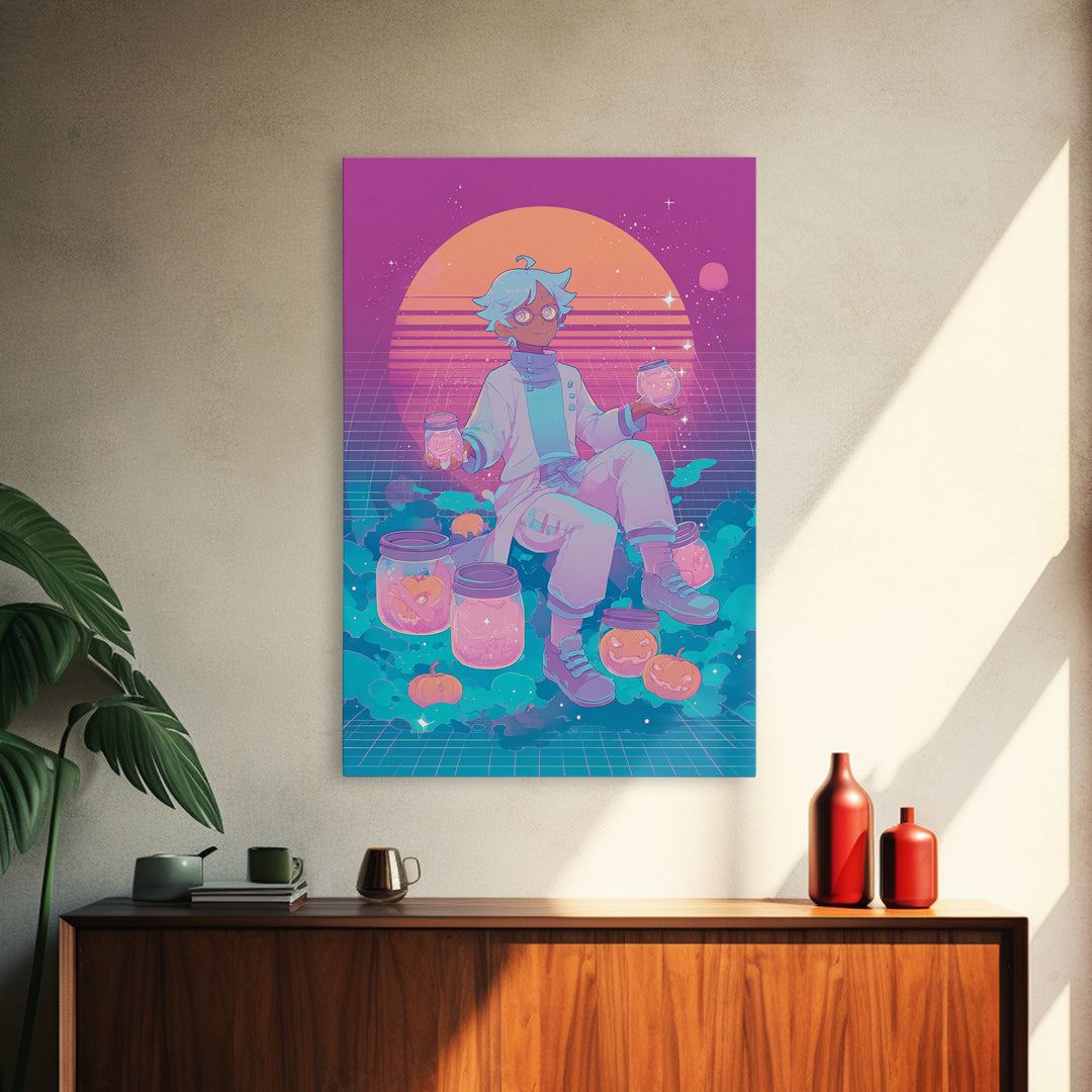 The Moonbeam Wizard, Vaporwave Halloween Decor, Vertical Wall Art, Framed Canvas Print, Retro Halloween Decor, Neon Wall Art