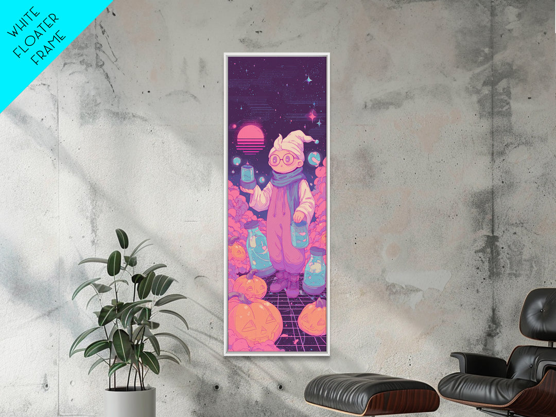 The Moonbeam Wizard, Retro Neon Halloween Art, Tall Narrow Wall Art, Framed Canvas Print, Retro Halloween Decor, Neon Wall Art