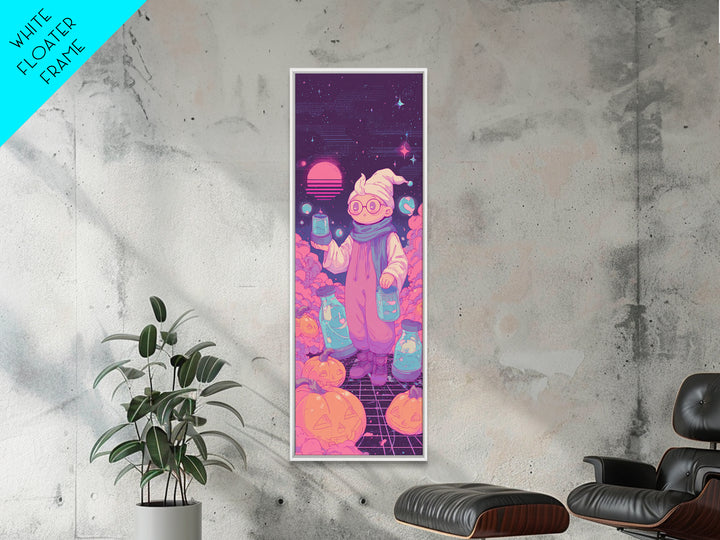 The Moonbeam Wizard, Retro Neon Halloween Art, Tall Narrow Wall Art, Framed Canvas Print, Retro Halloween Decor, Neon Wall Art