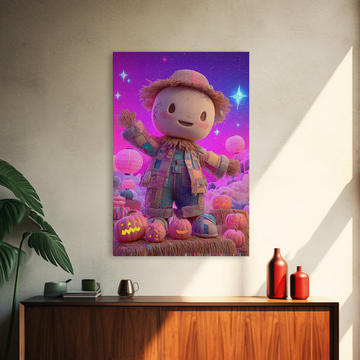 The Button-Nosed Scarecrow, Retro Neon Halloween Art, Vertical Wall Art, Framed Canvas Print, Retro Halloween Decor, Neon Wall Art