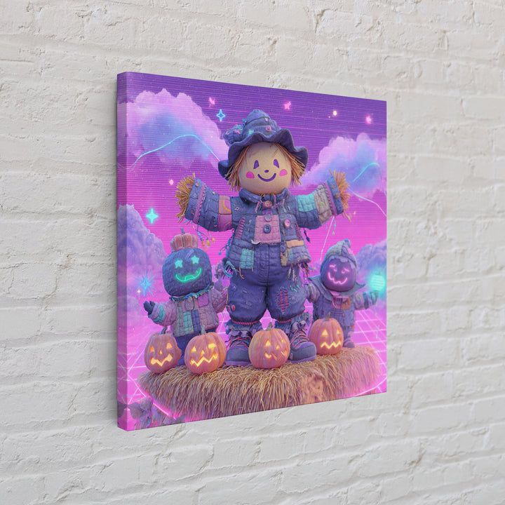 The Button-Nosed Scarecrow, Vaporwave Halloween Decor, Square Wall Art, Canvas Print, Retro Halloween Decor, Neon Wall Art, Macabre Wall Art