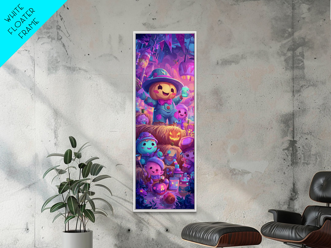 The Button-Nosed Scarecrow, 80s Halloween Wall Art, Tall Narrow Wall Art, Framed Canvas Print, Retro Halloween Decor, Neon Wall Art