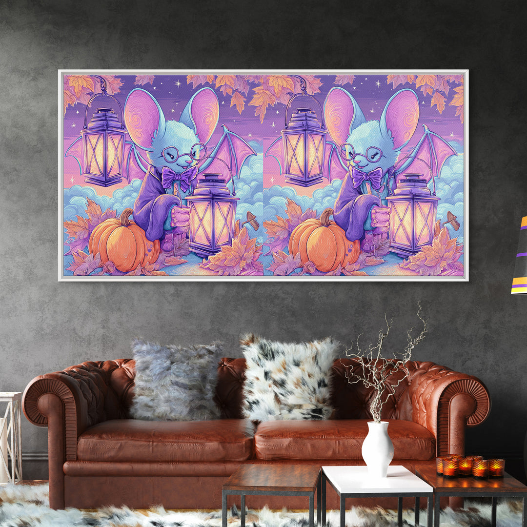 The Bow-Tie Bat, Vaporwave Halloween Decor, Wide Panoramic Art, Framed Canvas Print, Retro Halloween Decor, Neon Wall Art