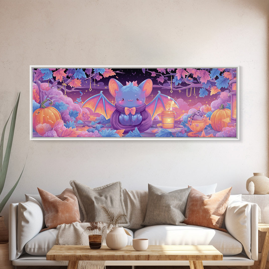 The Bow-Tie Bat, Cute Spooky Neon Art, Extra Wide Wall Art, Canvas Print, Retro Halloween Decor, Neon Wall Art, Dark Fantasy Art