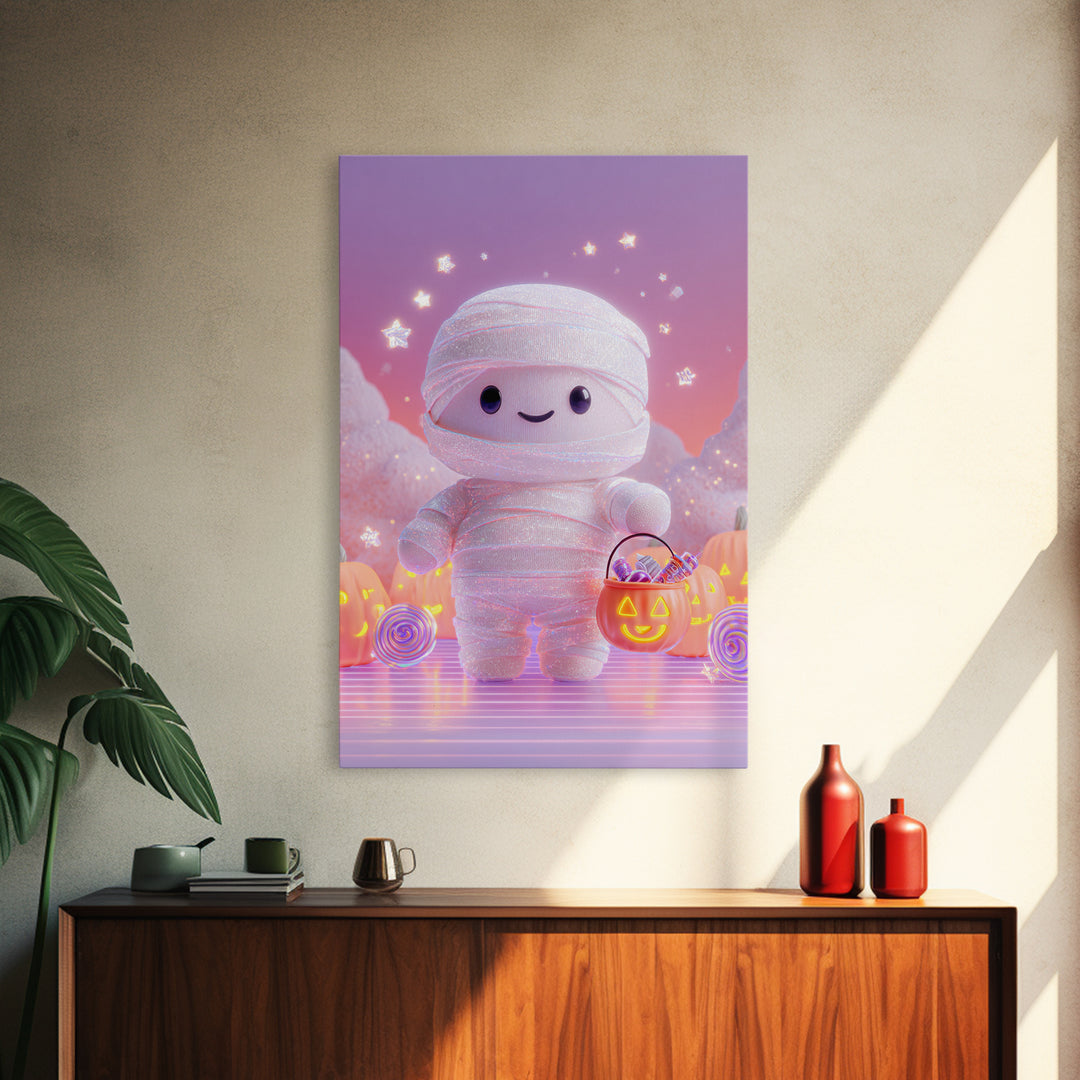 The Shy Little Mummy, Cute Spooky Neon Art, Vertical Wall Art, Framed Canvas Print, Retro Halloween Decor, Neon Wall Art