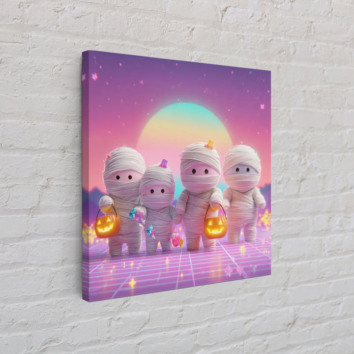 The Shy Little Mummy, Retro Neon Halloween Art, Square Wall Art, Canvas Print, Retro Halloween Decor, Neon Wall Art, Seasonal Home Decor