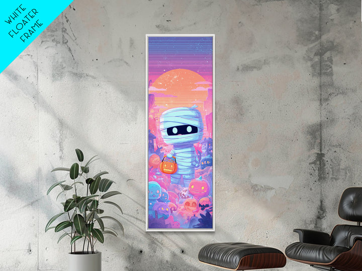 The Shy Little Mummy, Synthwave Halloween Art, Tall Narrow Wall Art, Canvas Print, Retro Halloween Decor, Neon Wall Art
