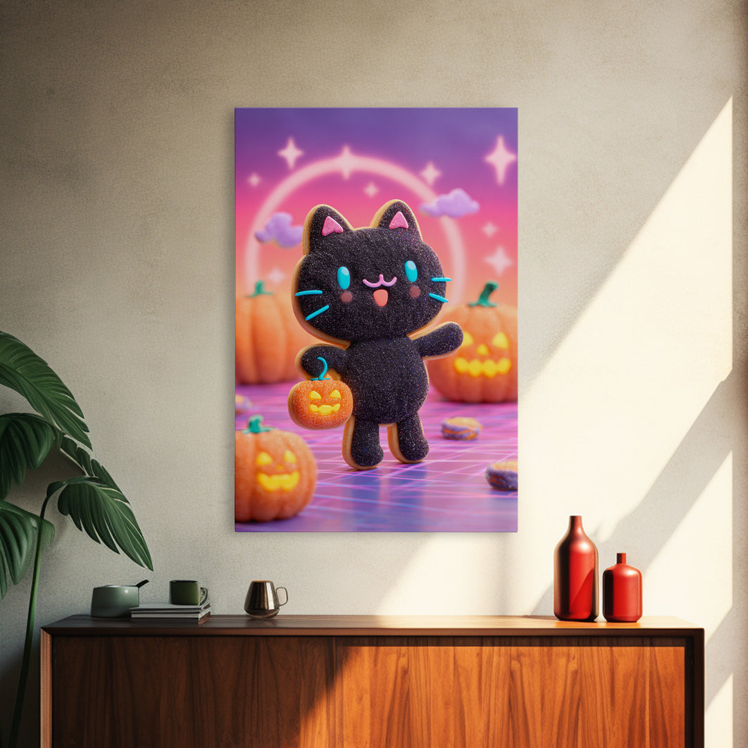 The Black Cat Baker, Cute Spooky Neon Art, Vertical Wall Art, Canvas Print, Retro Halloween Decor, Neon Wall Art, Horror Wall Art