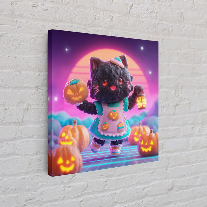 The Black Cat Baker, Vaporwave Halloween Decor, Square Wall Art, Framed Canvas Print, Retro Halloween Decor, Neon Wall Art, Horror Wall Art