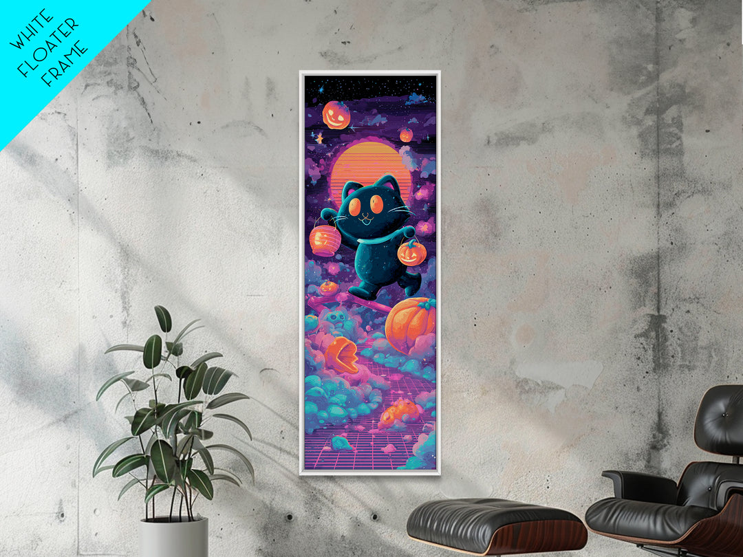 The Black Cat Baker, Cute Spooky Neon Art, Tall Narrow Wall Art, Framed Canvas Print, Retro Halloween Decor, Neon Wall Art