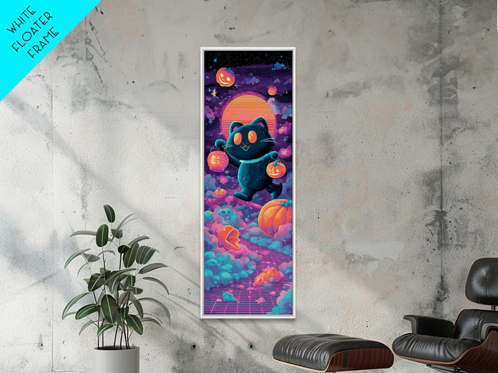 The Black Cat Baker, Cute Spooky Neon Art, Tall Narrow Wall Art, Framed Canvas Print, Retro Halloween Decor, Neon Wall Art