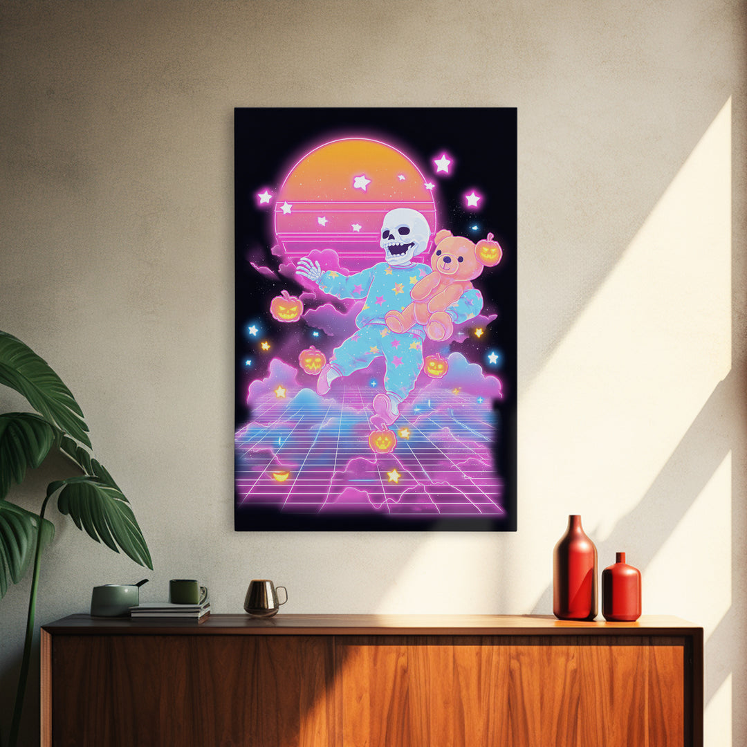 The Pajama Skeleton, Synthwave Halloween Art, Vertical Wall Art, Framed Canvas Print, Retro Halloween Decor, Neon Wall Art