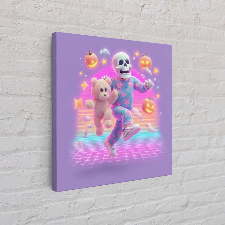 The Pajama Skeleton, Synthwave Halloween Art, Square Wall Art, Canvas Print, Retro Halloween Decor, Neon Wall Art, Spooky Wall Decor