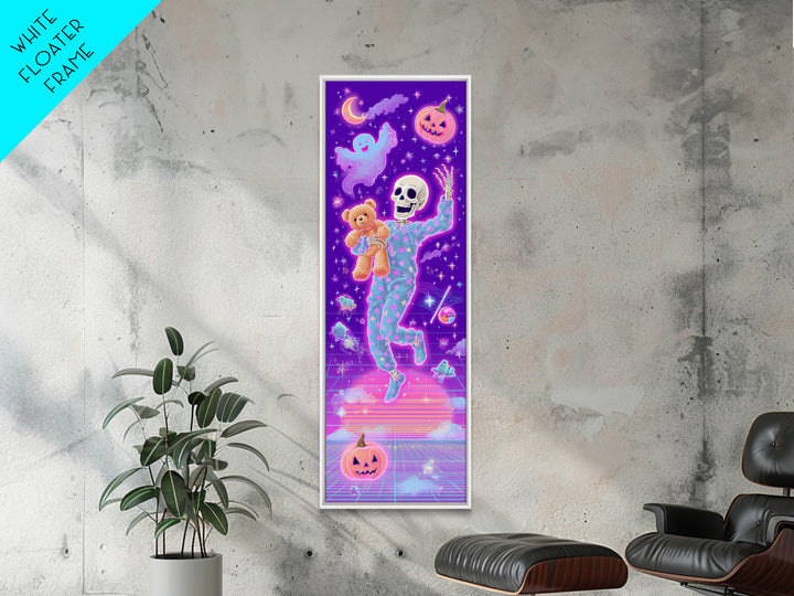 The Pajama Skeleton, Vaporwave Halloween Decor, Tall Narrow Wall Art, Framed Canvas Print, Retro Halloween Decor, Neon Wall Art