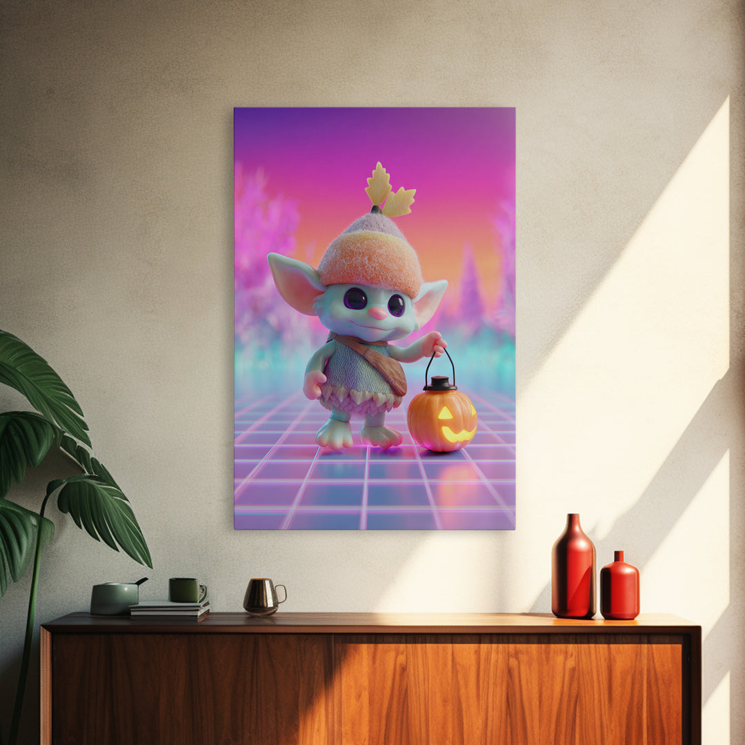 The Acorn Goblin, Cute Spooky Neon Art, Vertical Wall Art, Framed Canvas Print, Retro Halloween Decor, Neon Wall Art, Spooky Wall Decor