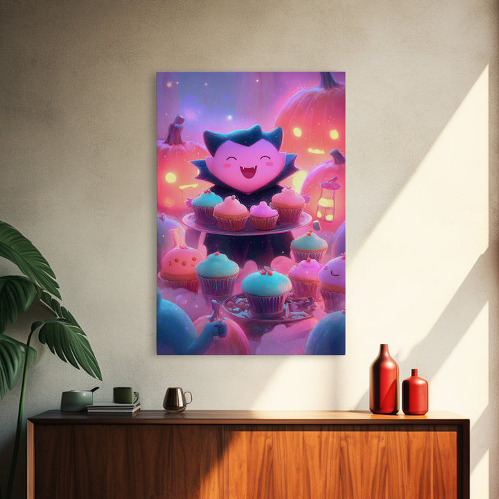 The Cupcake Vampire, Vaporwave Halloween Decor, Vertical Wall Art, Framed Canvas Print, Retro Halloween Decor, Neon Wall Art