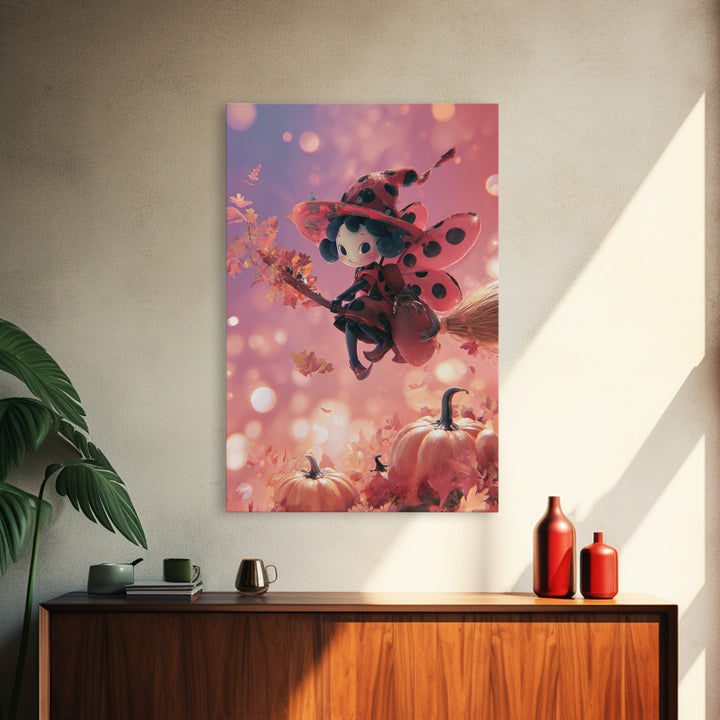 The Ladybug Witch, 80s Halloween Wall Art, Vertical Wall Art, Framed Canvas Print, Retro Halloween Decor, Neon Wall Art
