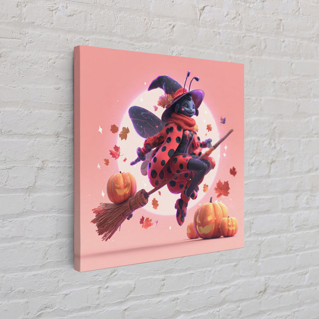 The Ladybug Witch, Retro Neon Halloween Art, Square Wall Art, Canvas Print, Retro Halloween Decor, Neon Wall Art, Halloween Wall Art