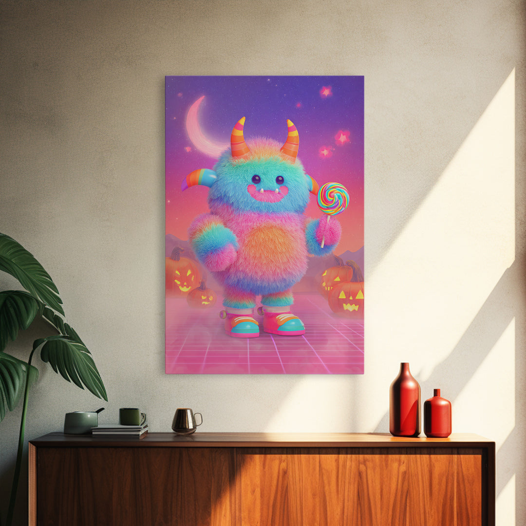The Rainbow Monster, Vaporwave Halloween Decor, Vertical Wall Art, Canvas Print, Retro Halloween Decor, Neon Wall Art, Dark Fantasy Art