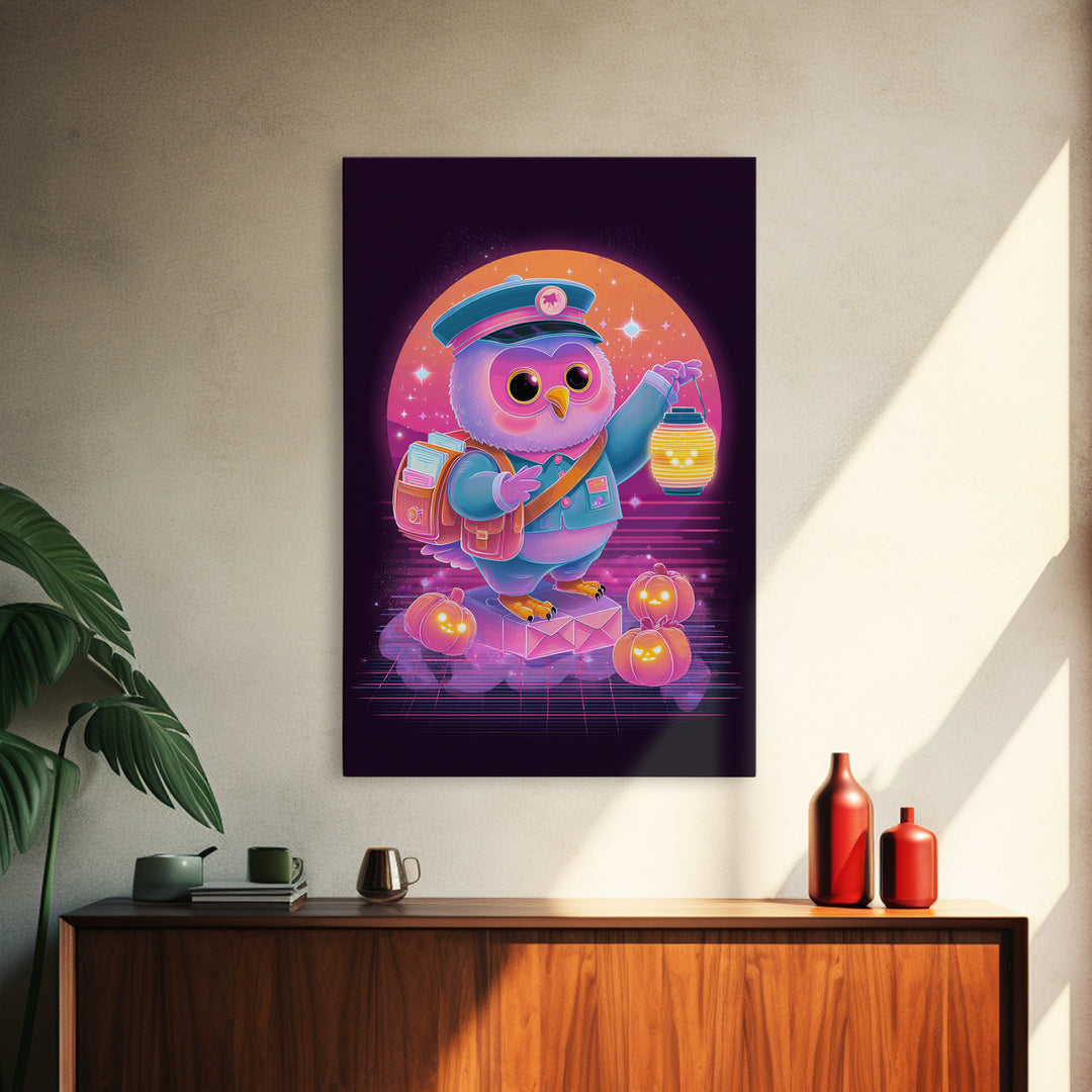 The Owl Postmaster, Cute Spooky Neon Art, Vertical Wall Art, Framed Canvas Print, Retro Halloween Decor, Neon Wall Art, Halloween Wall Art