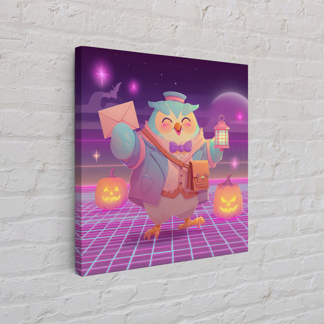 The Owl Postmaster, Retro Neon Halloween Art, Square Wall Art, Framed Canvas Print, Retro Halloween Decor, Neon Wall Art, Halloween Wall Art