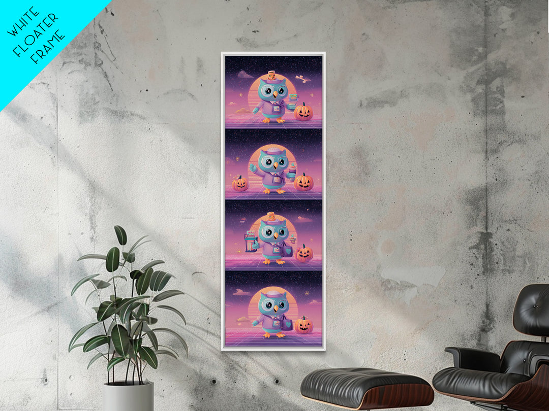 The Owl Postmaster, Vaporwave Halloween Decor, Tall Narrow Wall Art, Framed Canvas Print, Retro Halloween Decor, Neon Wall Art