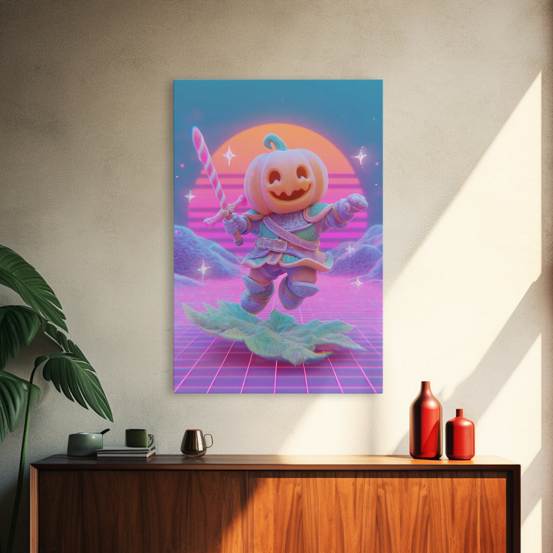 The Pumpkin Knight, 80s Halloween Wall Art, Vertical Wall Art, Framed Canvas Print, Retro Halloween Decor, Neon Wall Art, Horror Wall Art