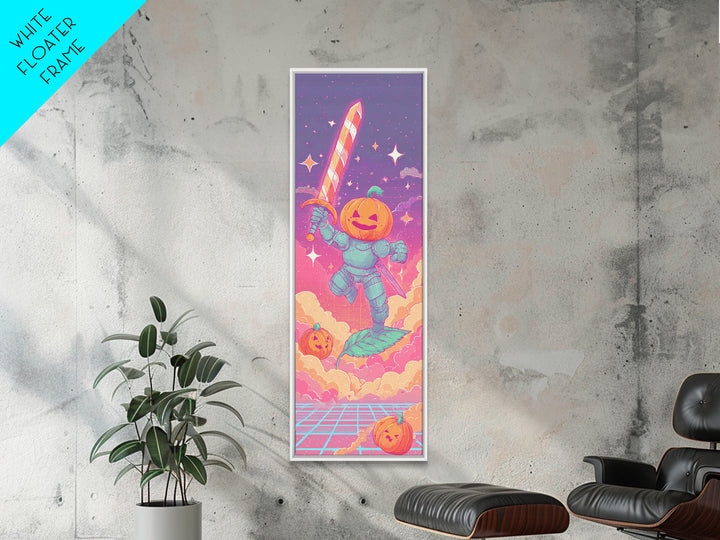 The Pumpkin Knight, Cute Spooky Neon Art, Tall Narrow Wall Art, Canvas Print, Retro Halloween Decor, Neon Wall Art, Dark Fantasy Art
