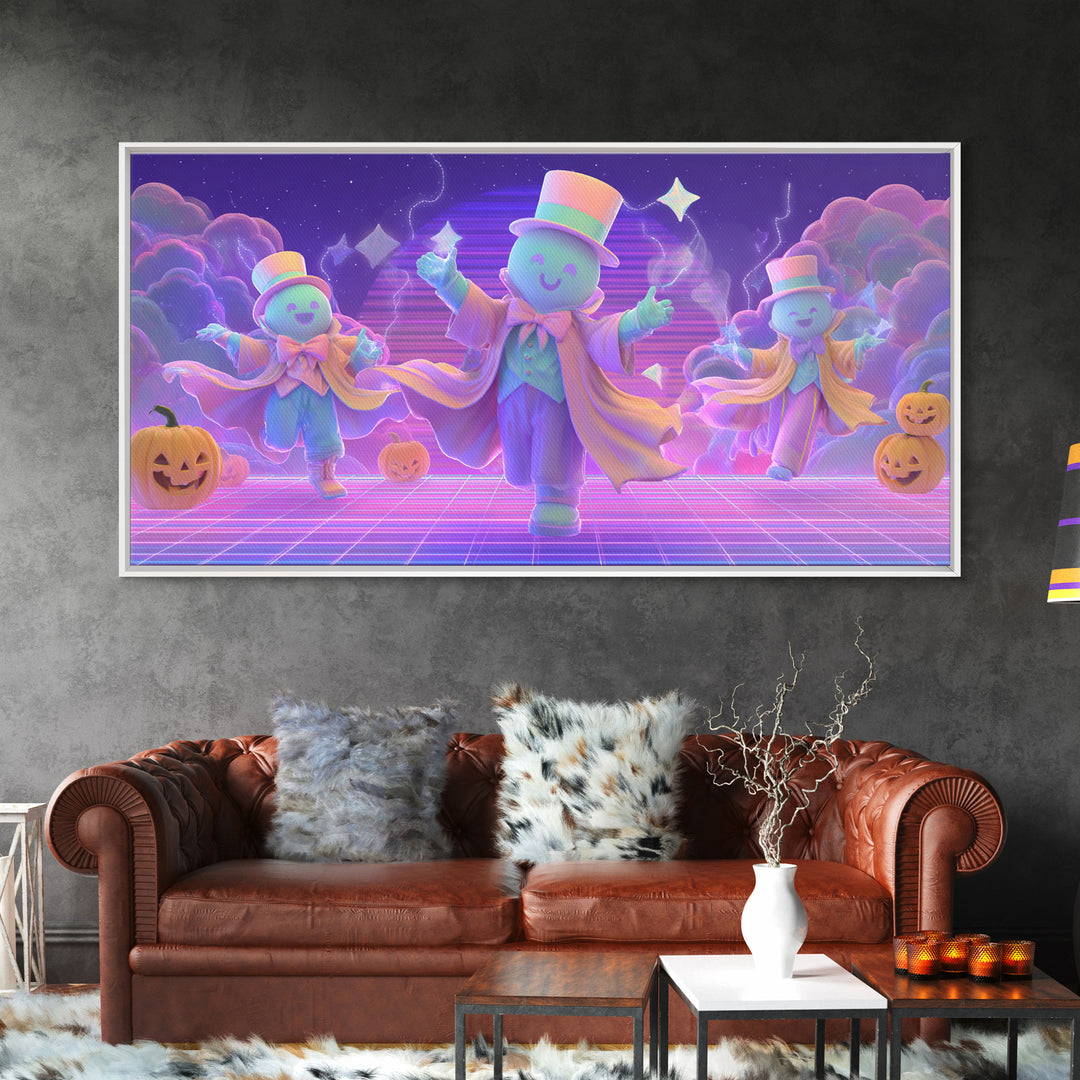The Star-Cape Magician, Synthwave Halloween Art, Wide Panoramic Art, Framed Canvas Print, Retro Halloween Decor, Neon Wall Art