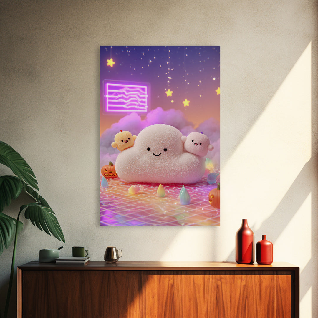 The Cloud Ghost, Retro Neon Halloween Art, Vertical Wall Art, Canvas Print, Retro Halloween Decor, Neon Wall Art, Seasonal Home Decor