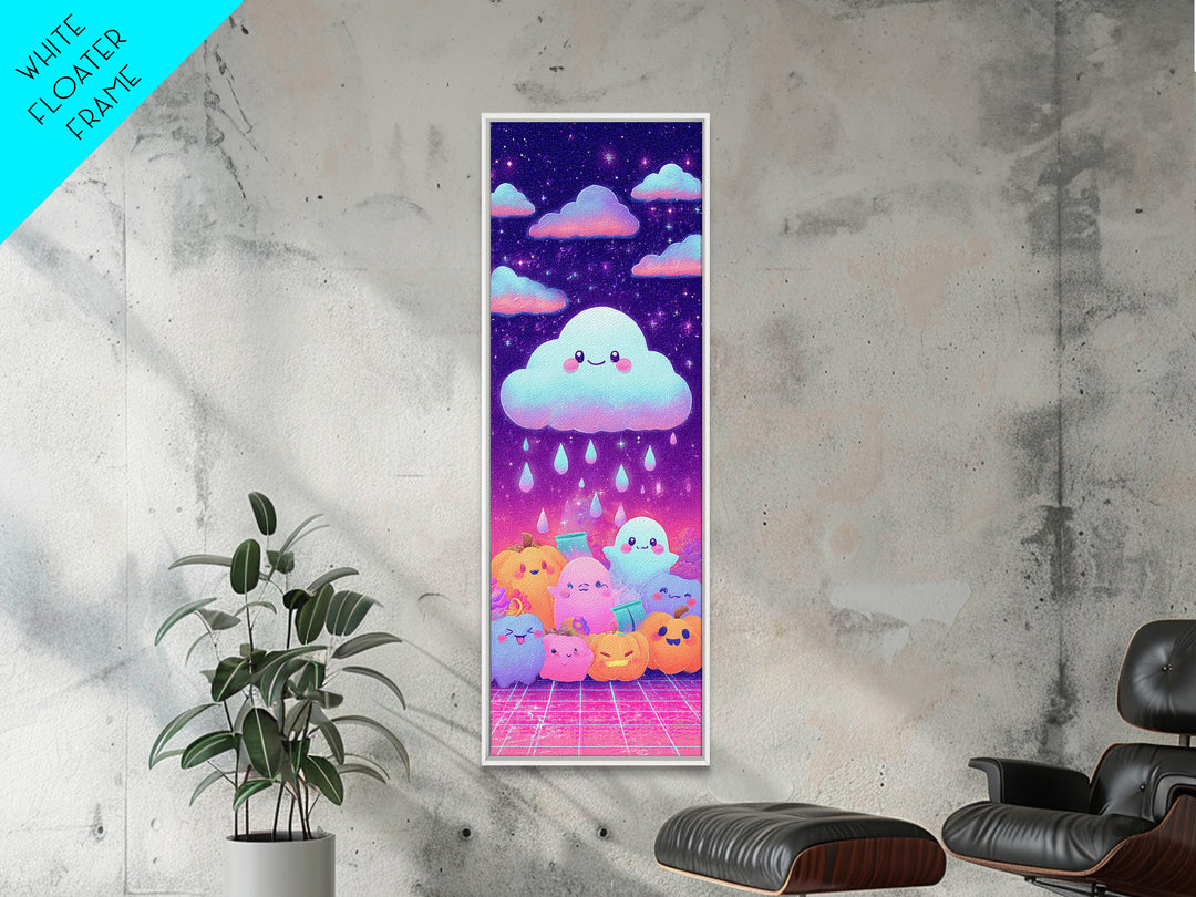The Cloud Ghost, Synthwave Halloween Art, Tall Narrow Wall Art, Framed Canvas Print, Retro Halloween Decor, Neon Wall Art