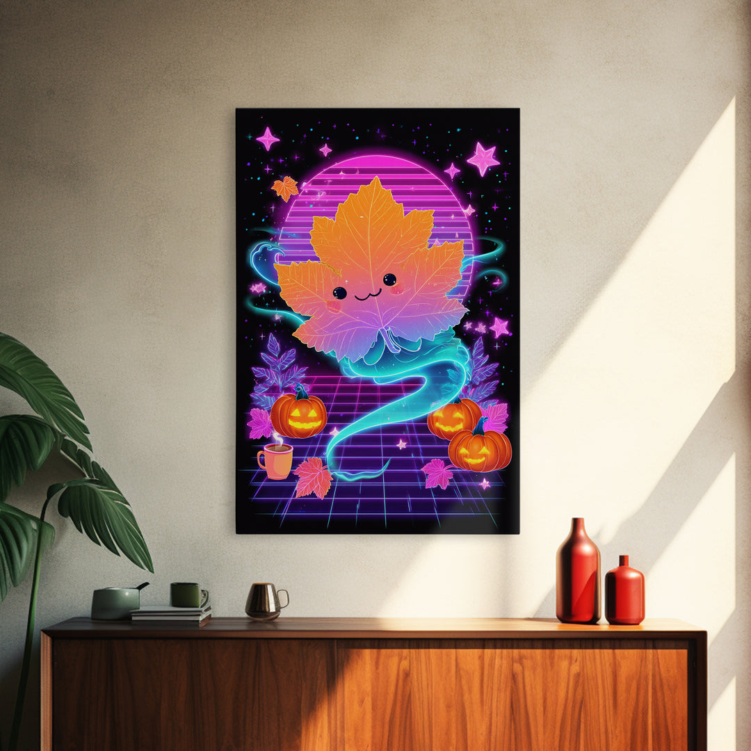 The Autumn Leaf Sprite, Retro Neon Halloween Art, Vertical Wall Art, Canvas Print, Retro Halloween Decor, Neon Wall Art, Horror Wall Art