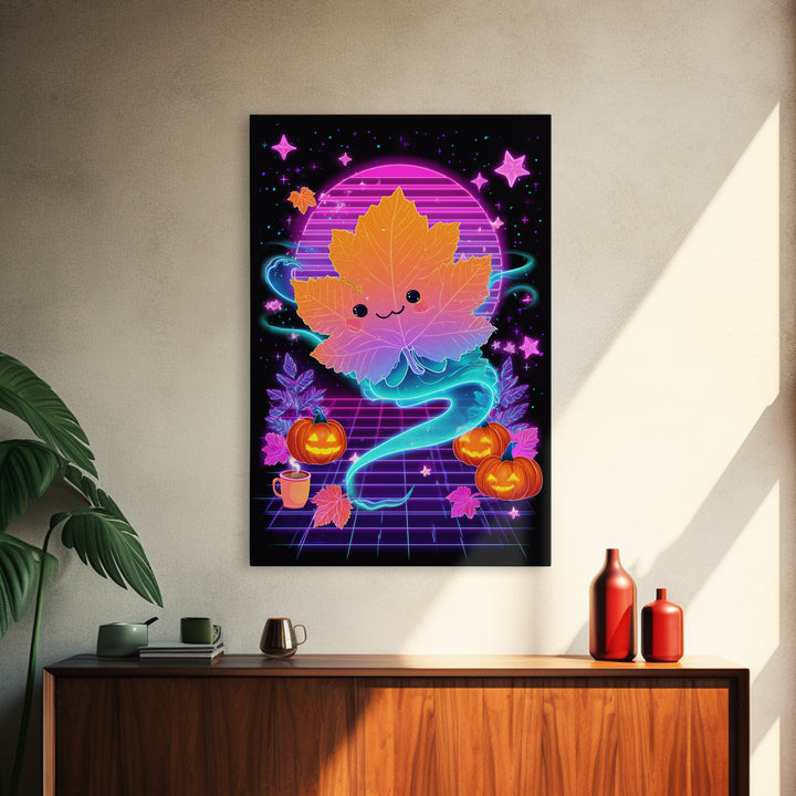 The Autumn Leaf Sprite, Retro Neon Halloween Art, Vertical Wall Art, Canvas Print, Retro Halloween Decor, Neon Wall Art, Horror Wall Art