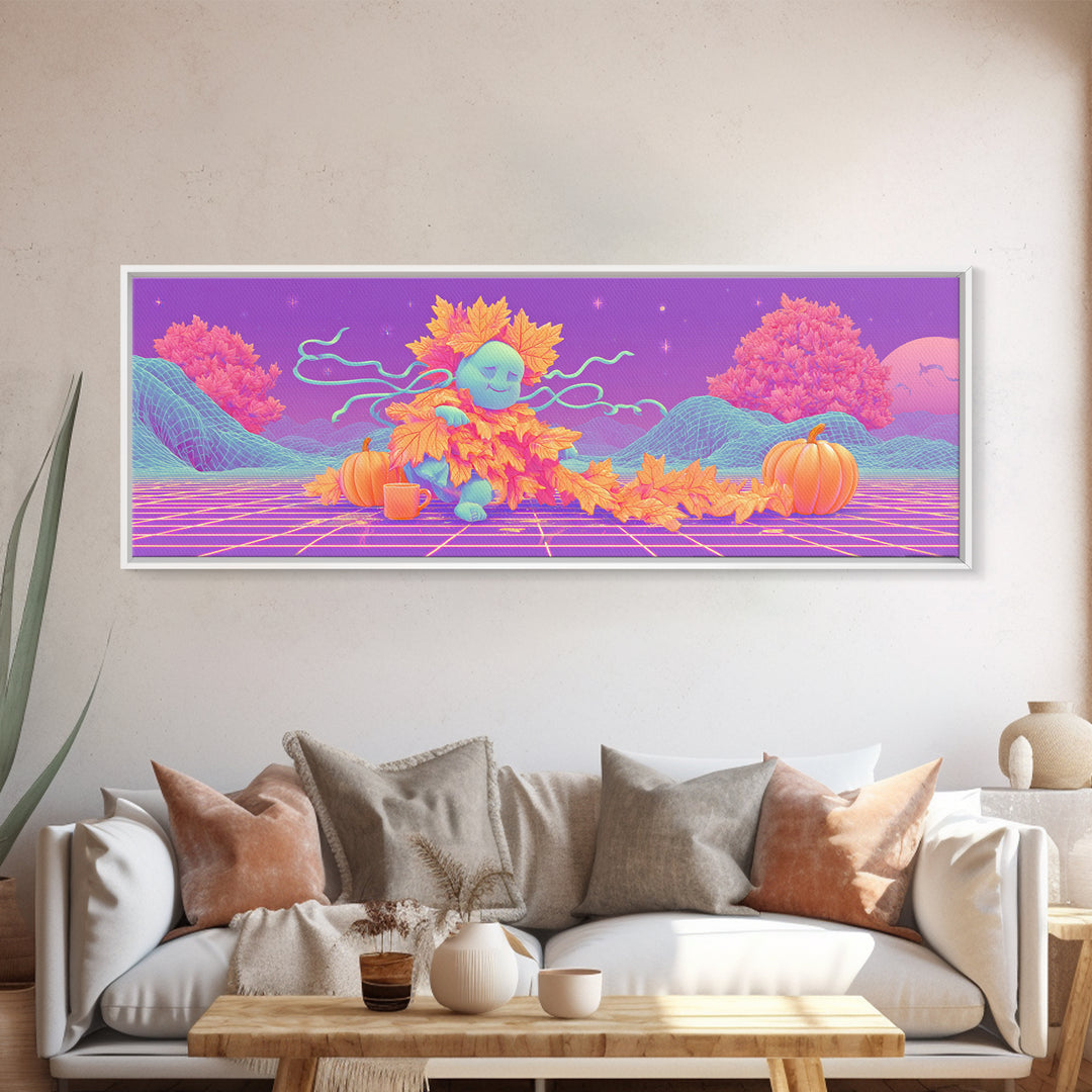 The Autumn Leaf Sprite, Retro Neon Halloween Art, Extra Wide Wall Art, Framed Canvas Print, Retro Halloween Decor, Neon Wall Art