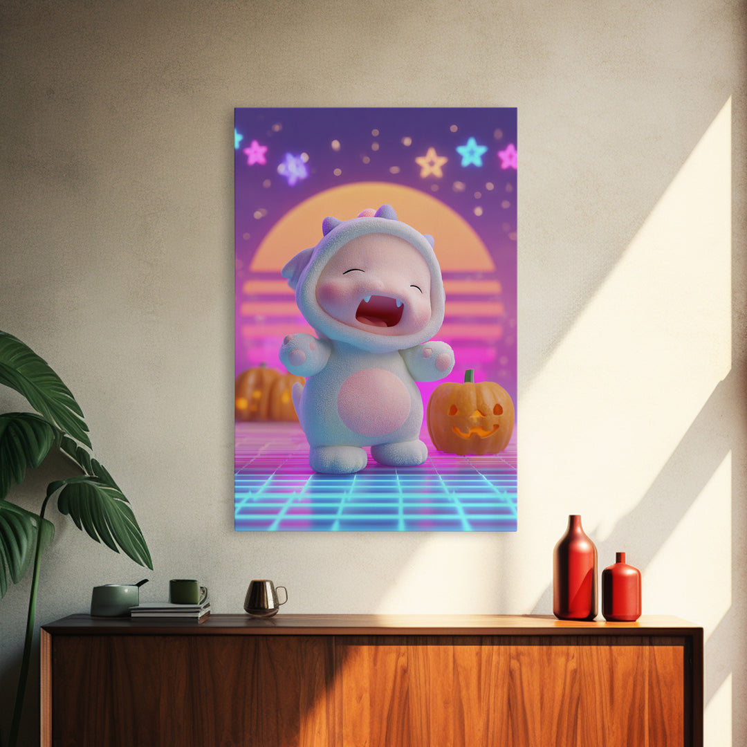 The Sleepy Costume Dragon, Synthwave Halloween Art, Vertical Wall Art, Canvas Print, Retro Halloween Decor, Neon Wall Art, Gothic Home Decor