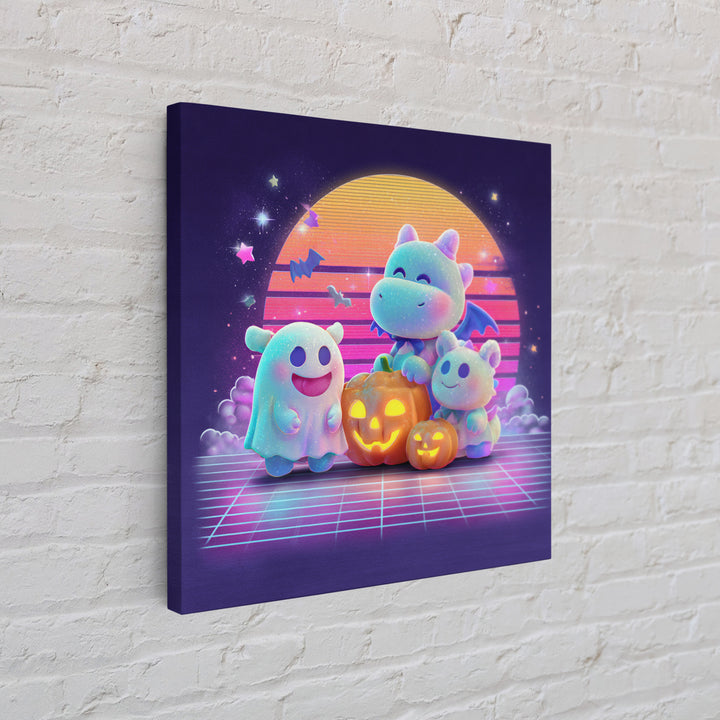The Sleepy Costume Dragon, Vaporwave Halloween Decor, Square Wall Art, Canvas Print, Retro Halloween Decor, Neon Wall Art