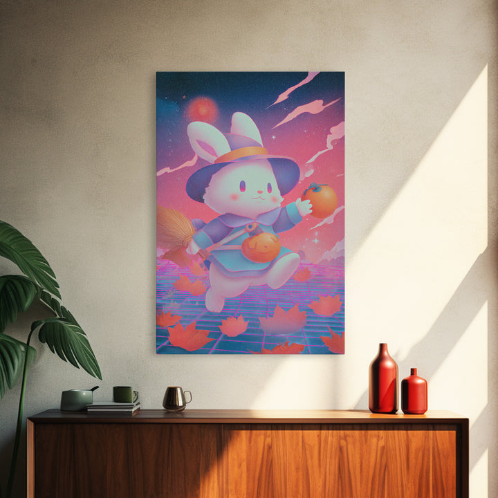 The Bunny Witch, Retro Neon Halloween Art, Vertical Wall Art, Canvas Print, Retro Halloween Decor, Neon Wall Art, Collectible Wall Decor