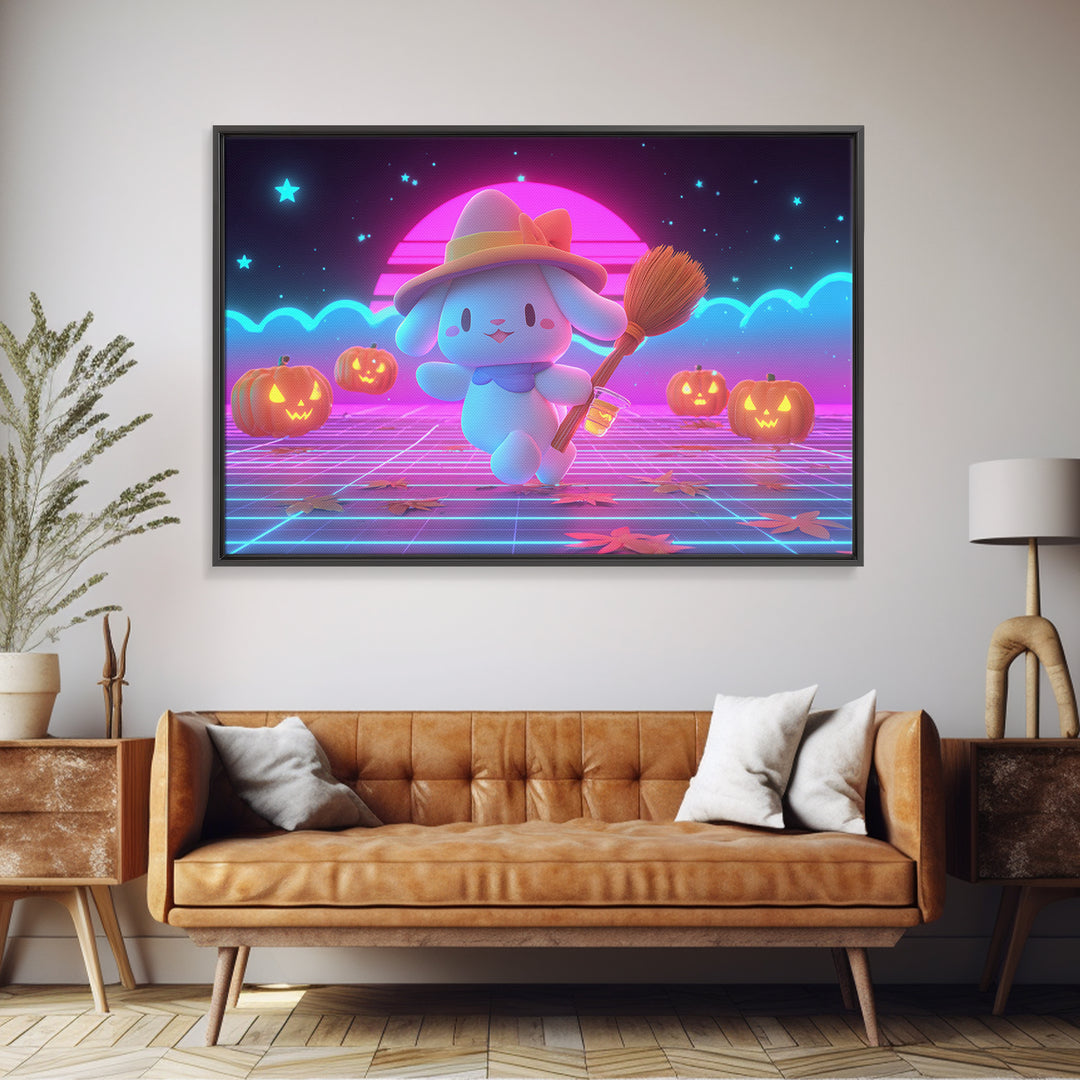 The Bunny Witch, Retro Neon Halloween Art, Landscape Wall Art, Framed Canvas Print, Retro Halloween Decor, Neon Wall Art
